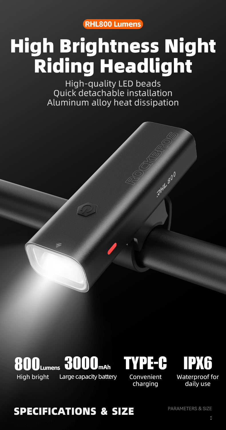 ROCKBROS Bicycle Front Headlight RHL800LM - 800 Lumens, USB-C, IPX6 Waterproof - ROCKBROSUSA