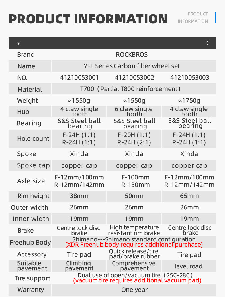 ROCKBROS Road Bike Carbon Fiber Wheels 700C Carbon Fiber Disc Brake 65mm Wheelsets Clincher - ROCKBROSUSA