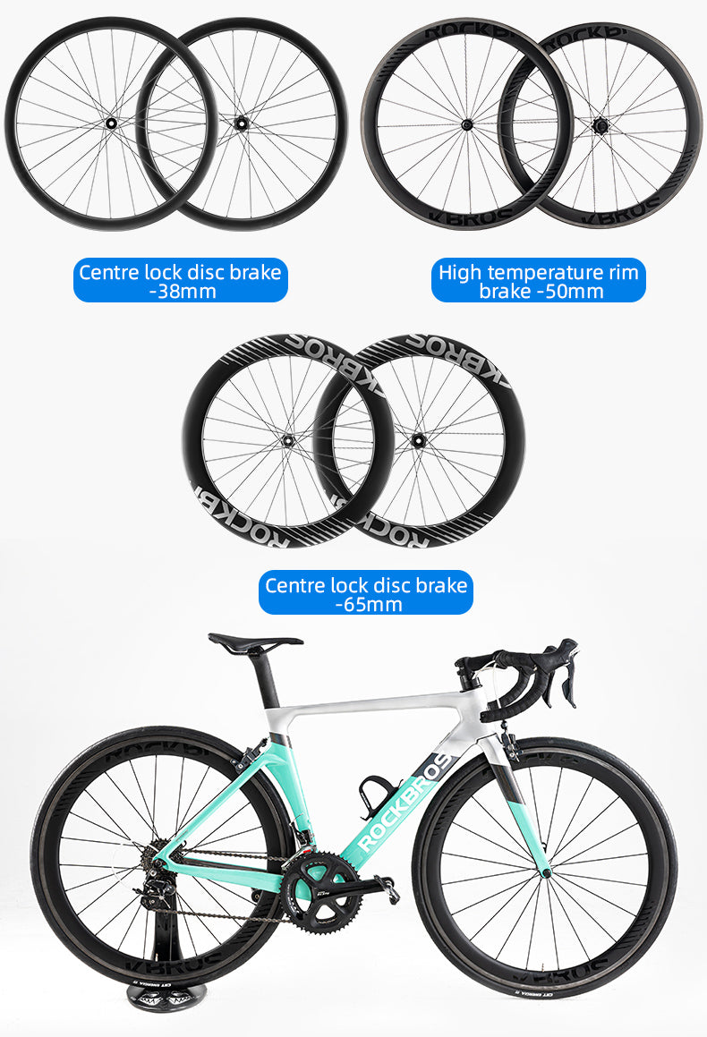 ROCKBROS Road Bike Carbon Fiber Wheels 700C Carbon Fiber Disc Brake 65mm Wheelsets Clincher - ROCKBROSUSA
