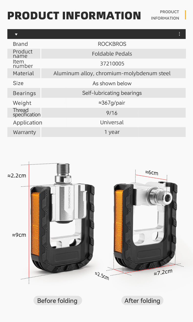 ROCKBROS Foldable Bicycle Pedals MTB Bike Cycling Flat Platform Pedals Reflective Aluminium 9/16'' - ROCKBROSUSA