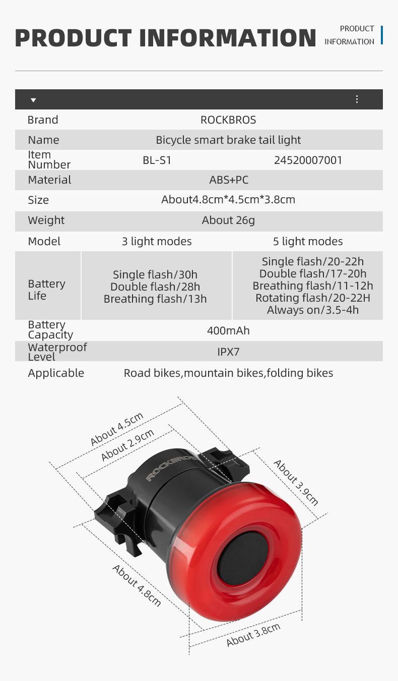 ROCKBROS Smart Bike Brake & Tail Light BL-S1 - ROCKBROSUSA