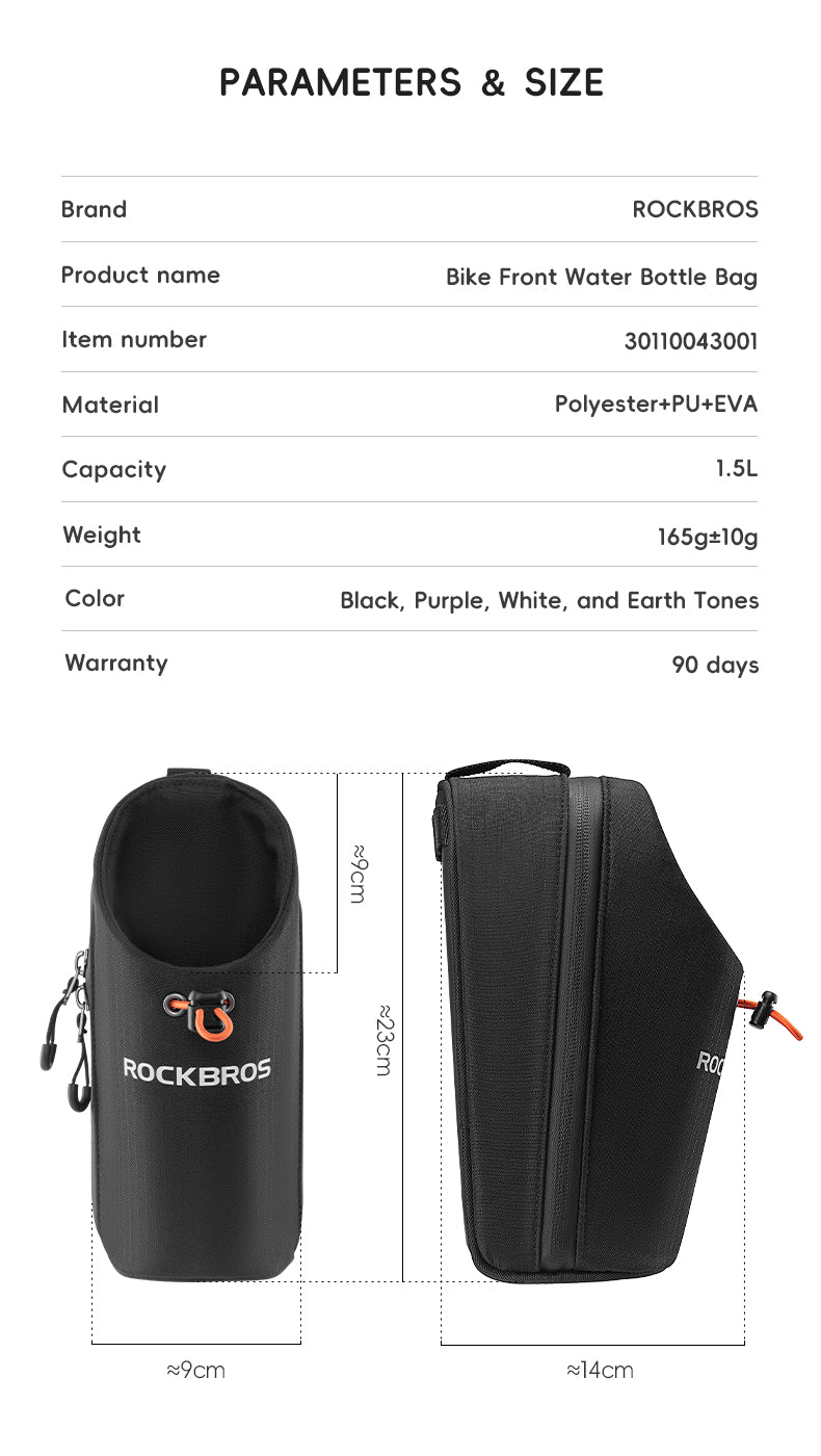 ROCKBROS Bicycle Handlebar Bag 1.5L Water Bottle Bag Folding Bike Front Bag - ROCKBROSUSA