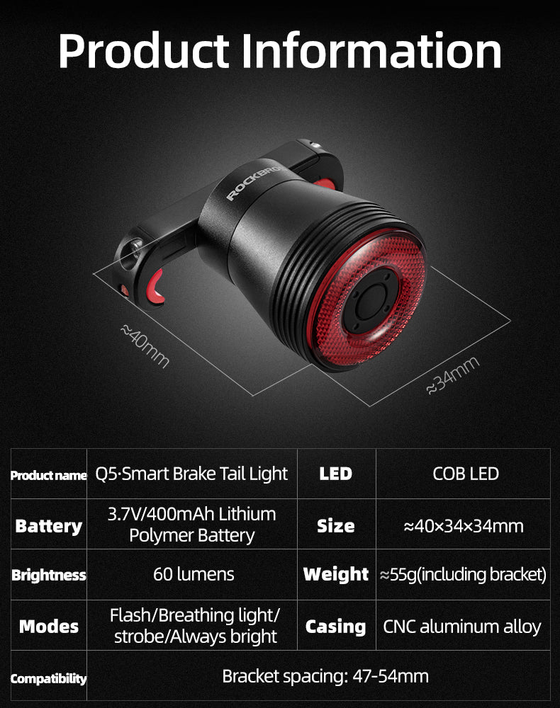 ROCKBROS 1000 Lumen Front Bike Light + Smart Brake & Tail Light Q5 Set - ROCKBROSUSA