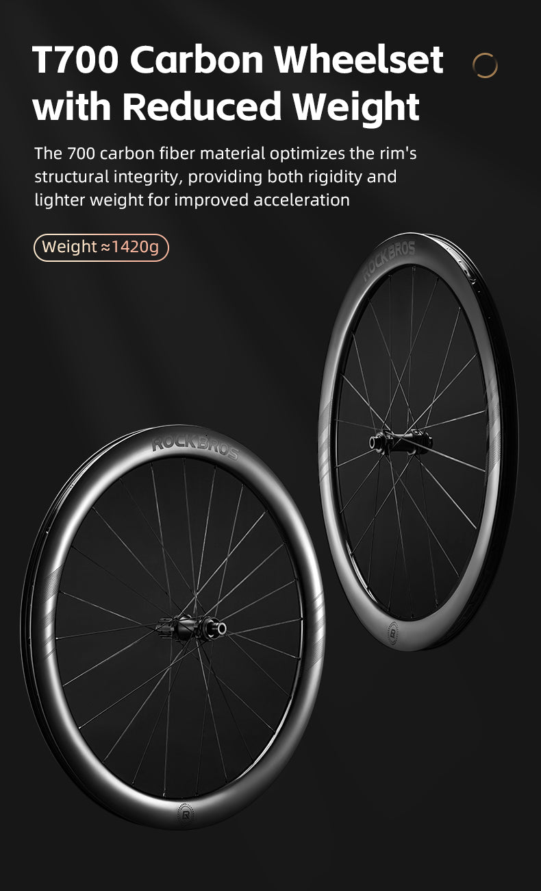 ROCKBROS Road Bike T700 Carbon Fiber Wheelset 50mm Rim Disc Brake Bike Wheels Clincher/Tubeless - ROCKBROSUSA