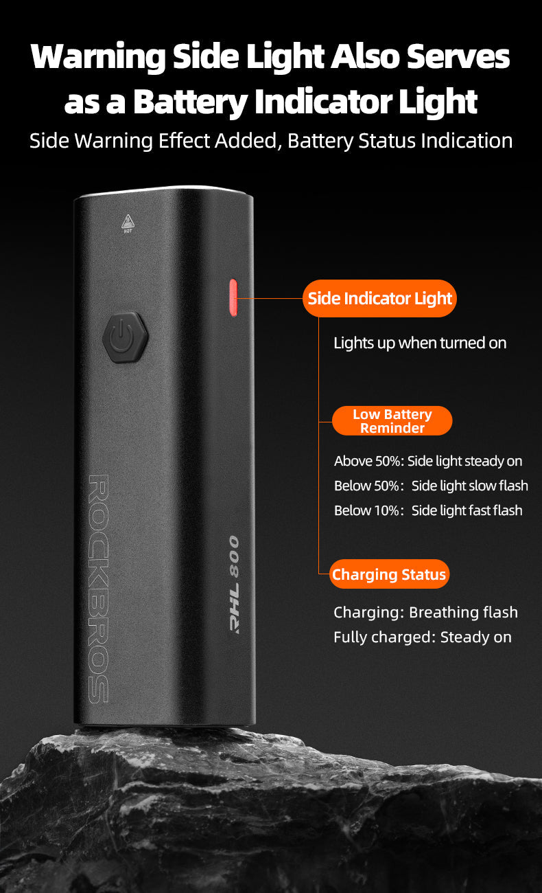 ROCKBROS Bicycle Front Headlight RHL800LM - 800 Lumens, USB-C, IPX6 Waterproof - ROCKBROSUSA