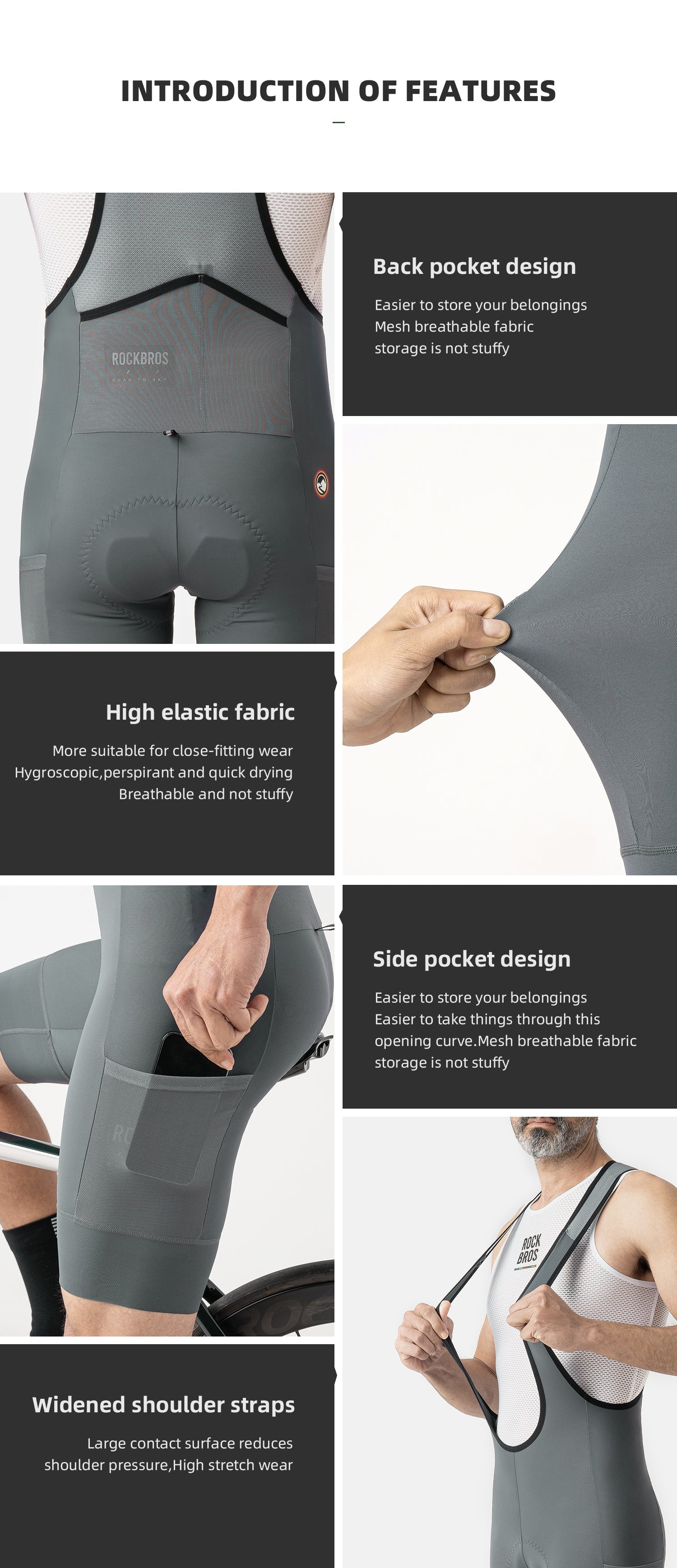 【ROAD TO SKY】by ROCKBROS Men's Cycling Bib Shorts in Grey - ROCKBROSUSA