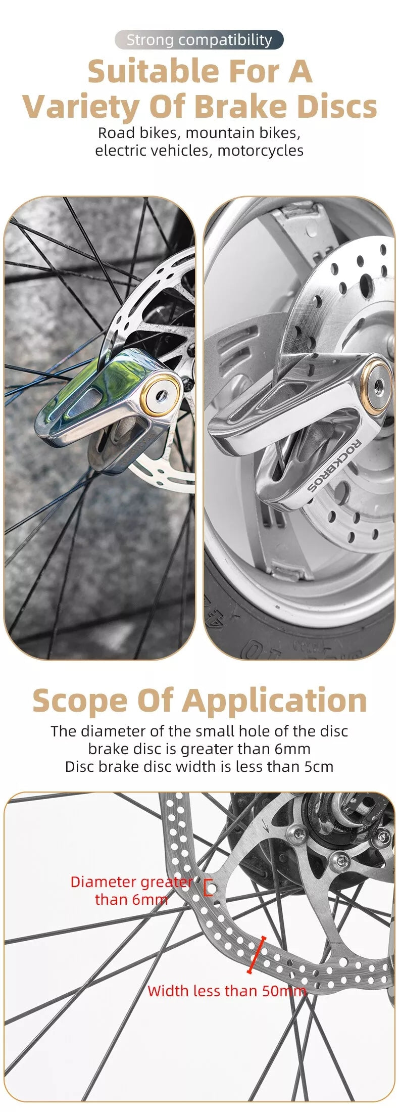 ROCKBROS Motorcycle Bicycle Disc Brake Lock 304 Stainless Steel Security Anti-Theft - ROCKBROSUSA