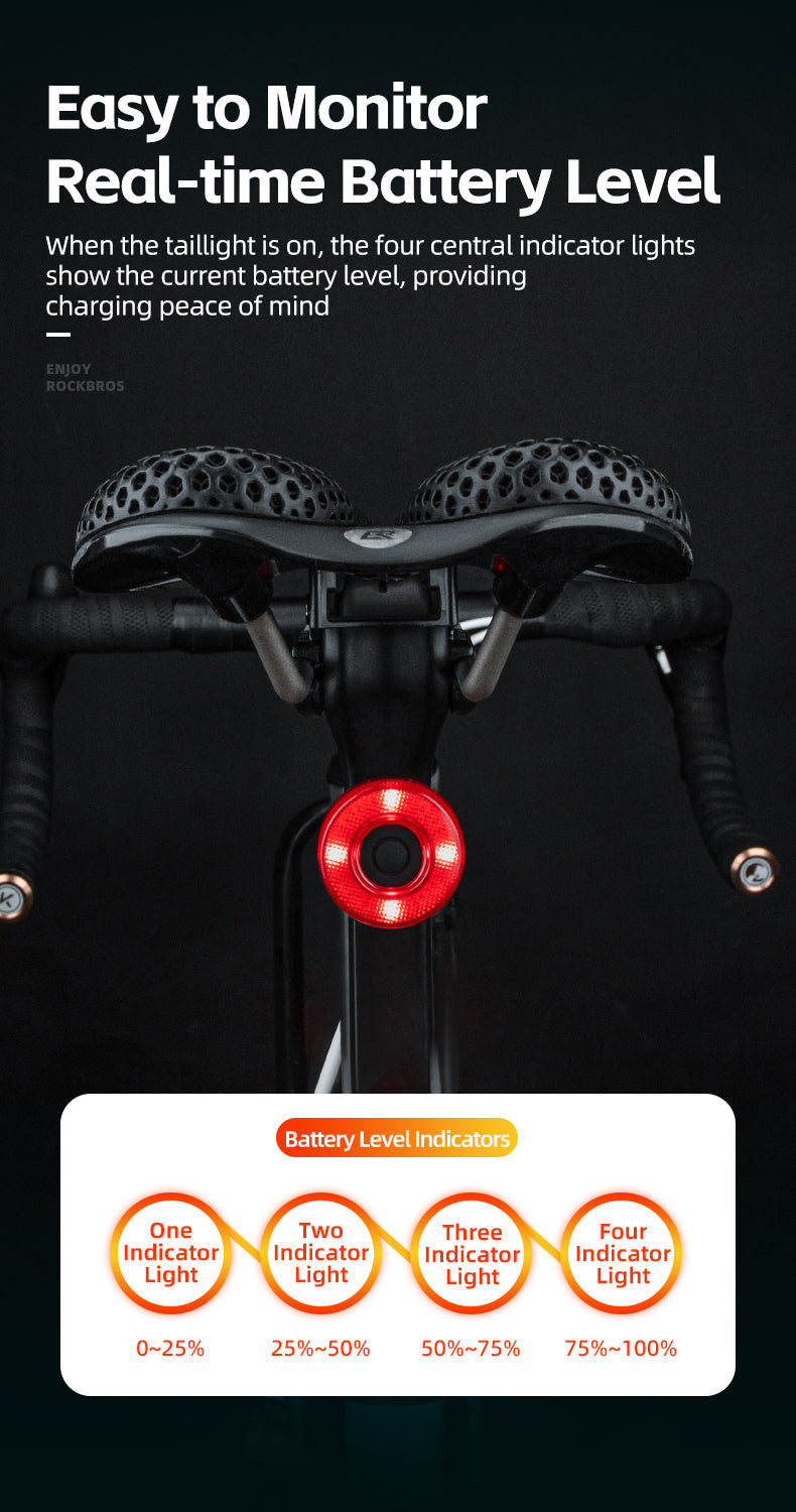 ROCKBROS Upgraded Smart Bicycle Brake Light USB-C Rechargeable IPX7 Waterproof Cycling Rear Light - ROCKBROSUSA