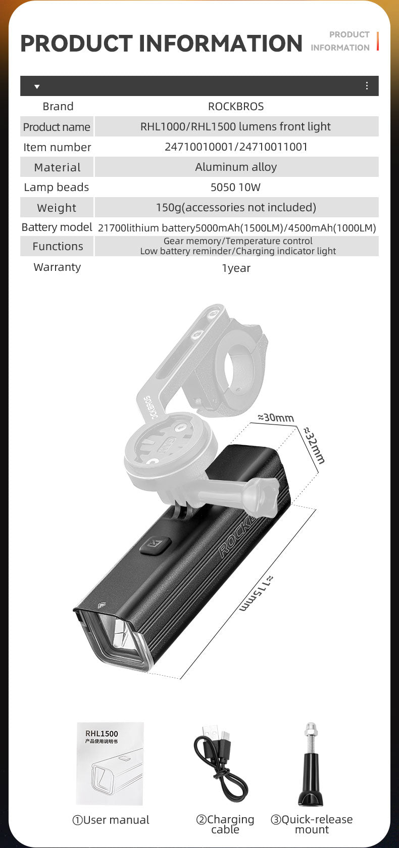 ROCKBROS Hoisting Headlight for Bike - ROCKBROSUSA