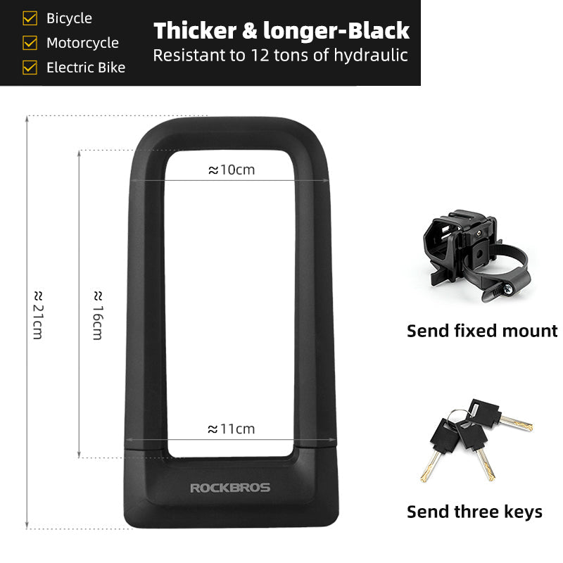 ROCKBROS Motorcycle Bicycle U-Lock Anti-Theft Thickened MTB Bike Lock Alloy Steel 3 Keys - ROCKBROSUSA