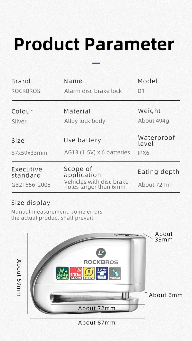 ROCKBROS Motorcycle Disc Lock Alarm Anti-theft 110db Waterproof Alloy Steel 6MM Electric device Scooter Helmet Bicycle Cable Lock - ROCKBROSUSA