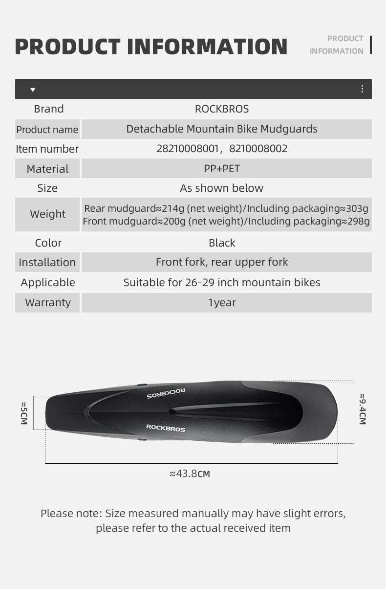 ROCKBROS Mountain Bike Front&Rear Fenders 26-29 inch MTB Mudguard Adjustable Quick Release - ROCKBROSUSA