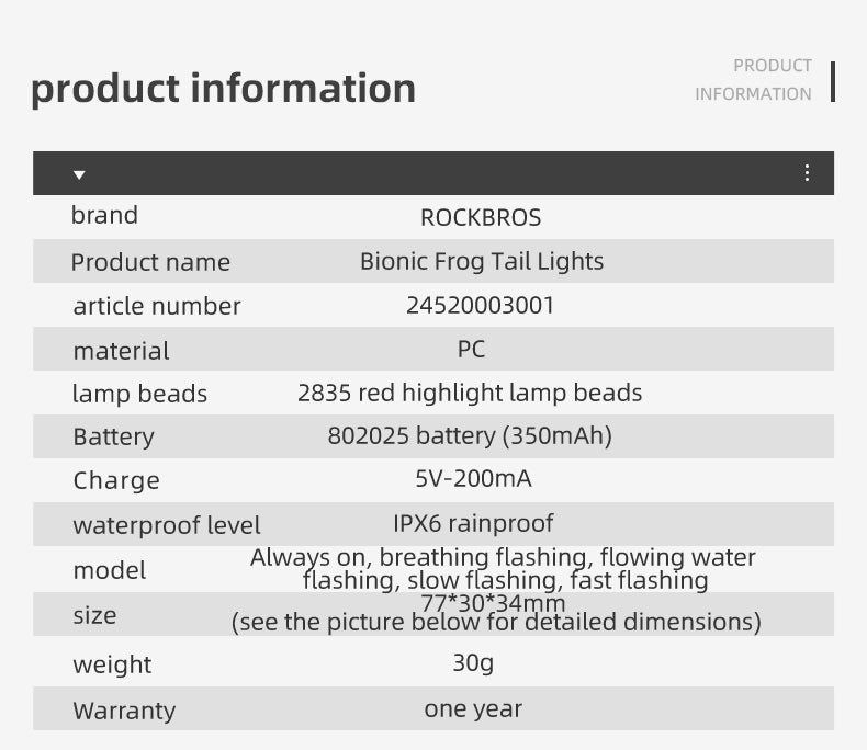 ROCKBROS Frog Style Bike Tail Light - ROCKBROSUSA