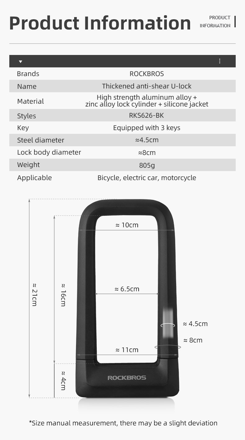 ROCKBROS Motorcycle Bicycle U-Lock Anti-Theft Thickened MTB Bike Lock Alloy Steel 3 Keys - ROCKBROSUSA