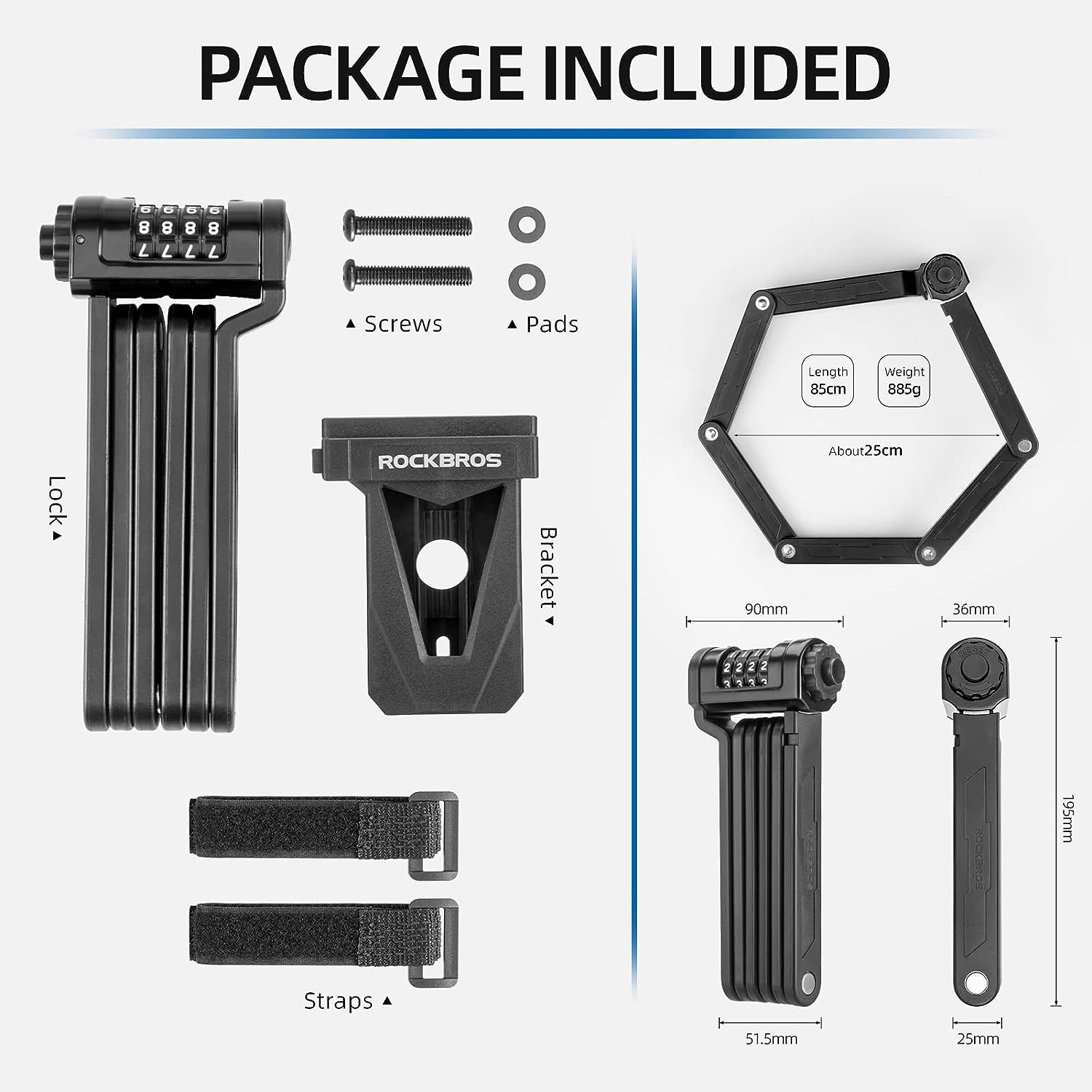 ROCKBROS Folding Bike Lock Heavy Duty Anti Theft with Mounting Bracket - ROCKBROSUSA