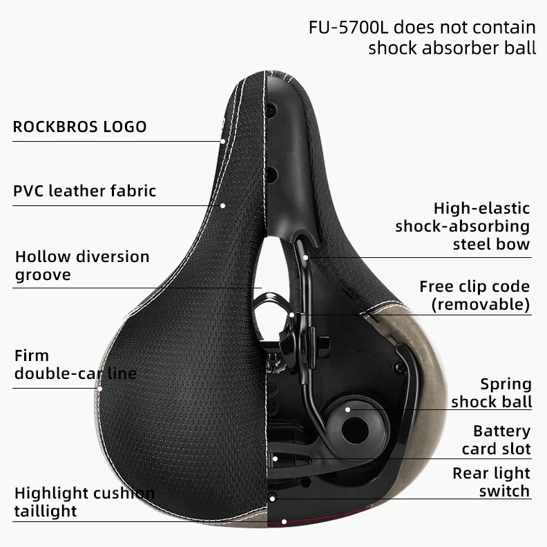 ROCKBROS Bicycle Saddle Seat Cushion with Taillight Breathable Softlou - ROCKBROSUSA
