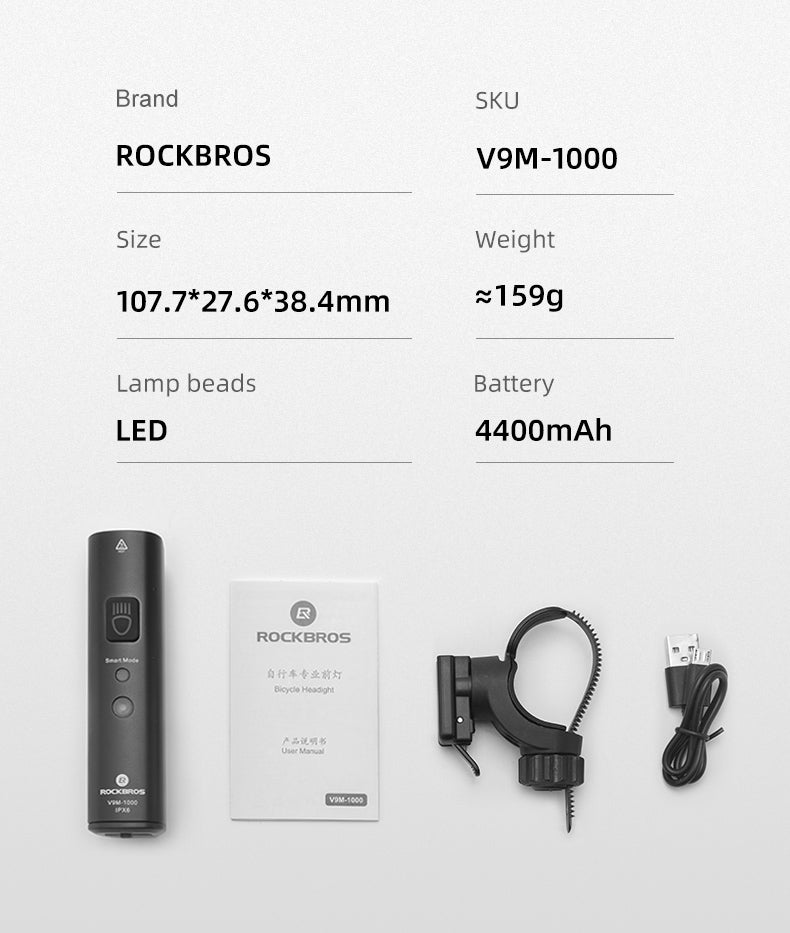 ROCKBROS 1000 Lumen Front Bike Light V9M-1000 - ROCKBROSUSA