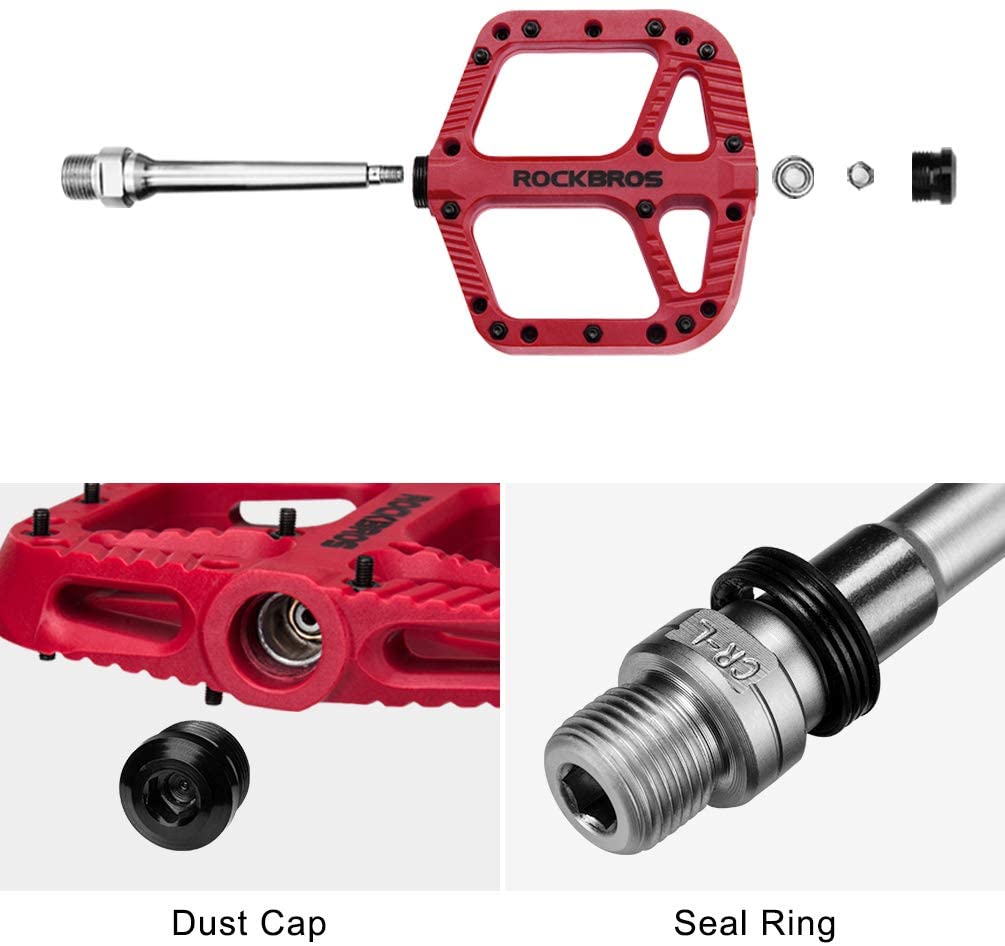 ROCKBROS Extra Large Mountain Bike Pedals Nylon Composite Bearing 9/16"(1 Pair)-RED