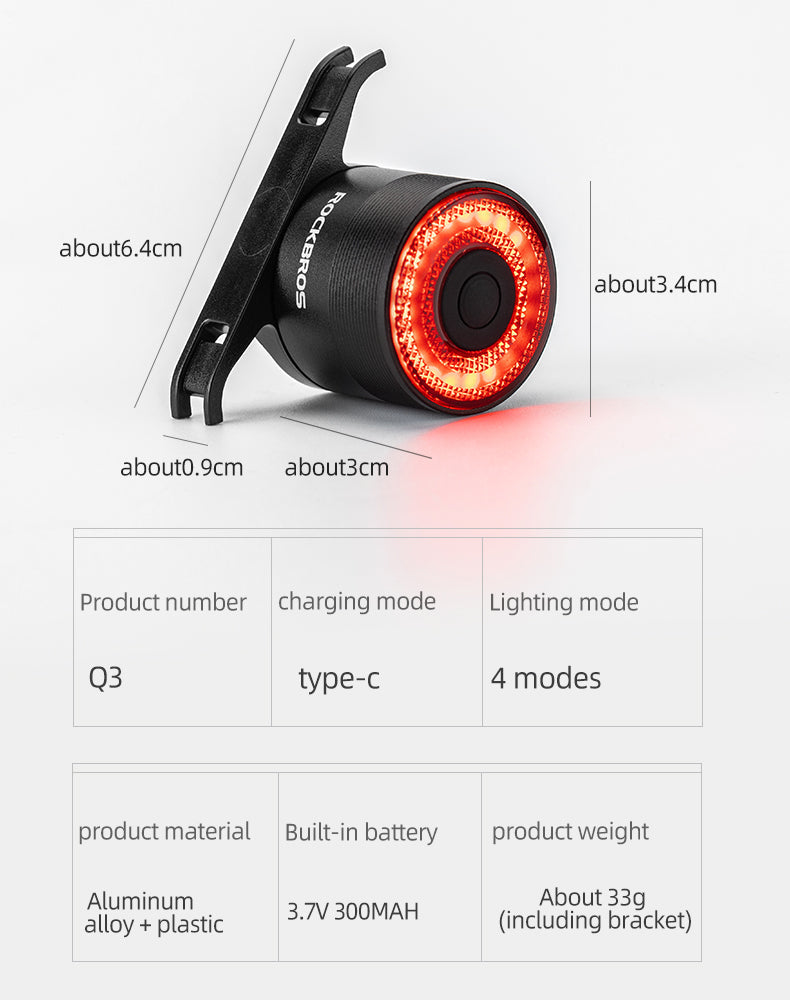 ROCKBROS 1000 Lumen Front Bike Light + Smart Brake & Tail Light Q3 Set - ROCKBROSUSA