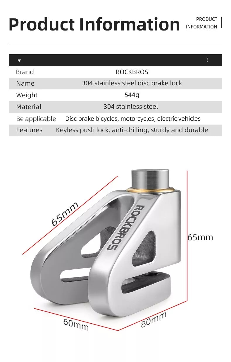 ROCKBROS Motorcycle Bicycle Disc Brake Lock 304 Stainless Steel Security Anti-Theft - ROCKBROSUSA