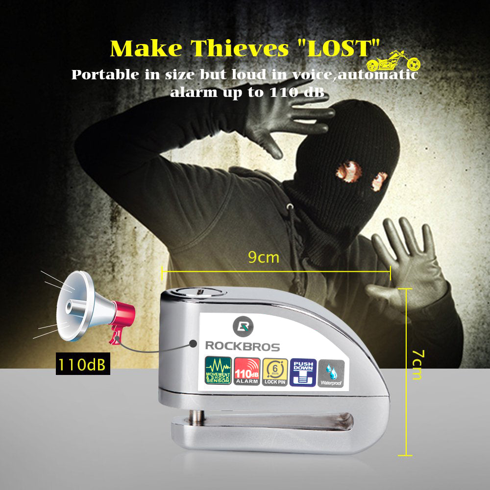 ROCKBROS Motorcycle Disc Lock Alarm Anti-theft 110db Waterproof Alloy Steel 6MM Electric device Scooter Helmet Bicycle Cable Lock - ROCKBROSUSA