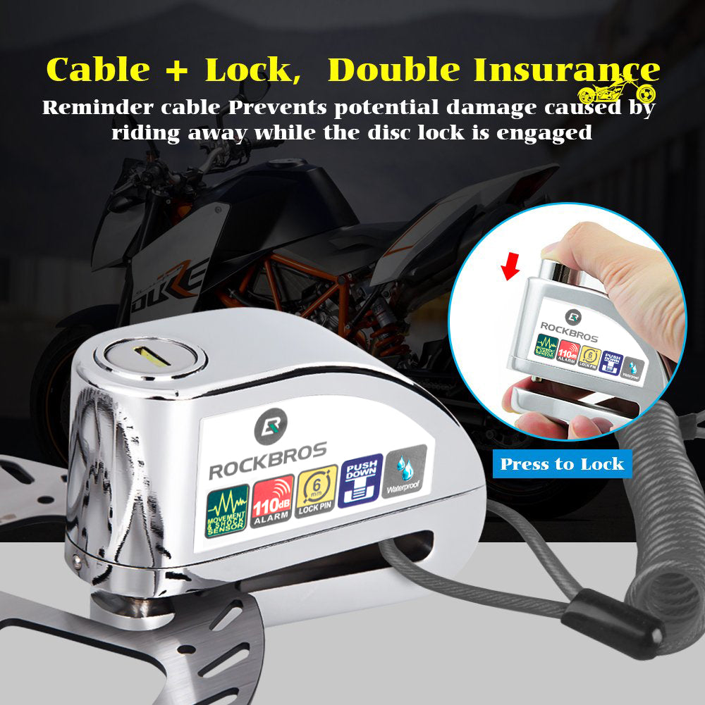 ROCKBROS Motorcycle Disc Lock Alarm Anti-theft 110db Waterproof Alloy Steel 6MM Electric device Scooter Helmet Bicycle Cable Lock - ROCKBROSUSA
