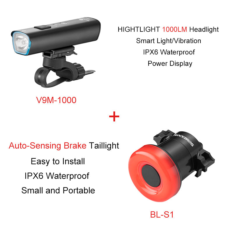 ROCKBROS 1000 Lumen Front Bike Light + Smart Brake & Tail Light BL-S1 - ROCKBROSUSA