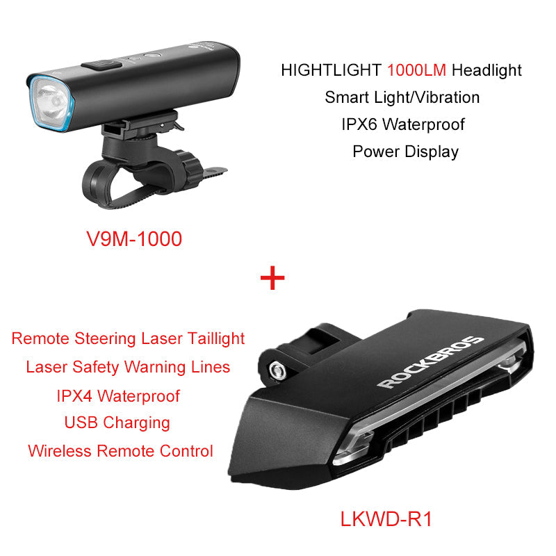 ROCKBROS 1000 Lumen Front Bike Light & Rear Light with Remote Control - ROCKBROSUSA