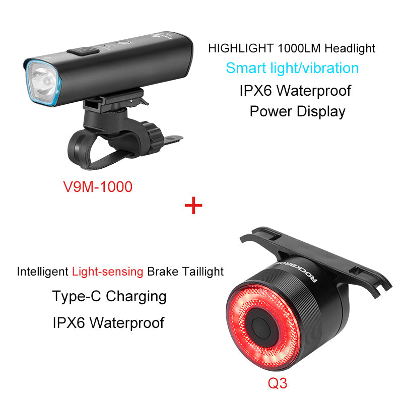 ROCKBROS 1000 Lumen Front Bike Light + Smart Brake & Tail Light Q3 Set - ROCKBROSUSA