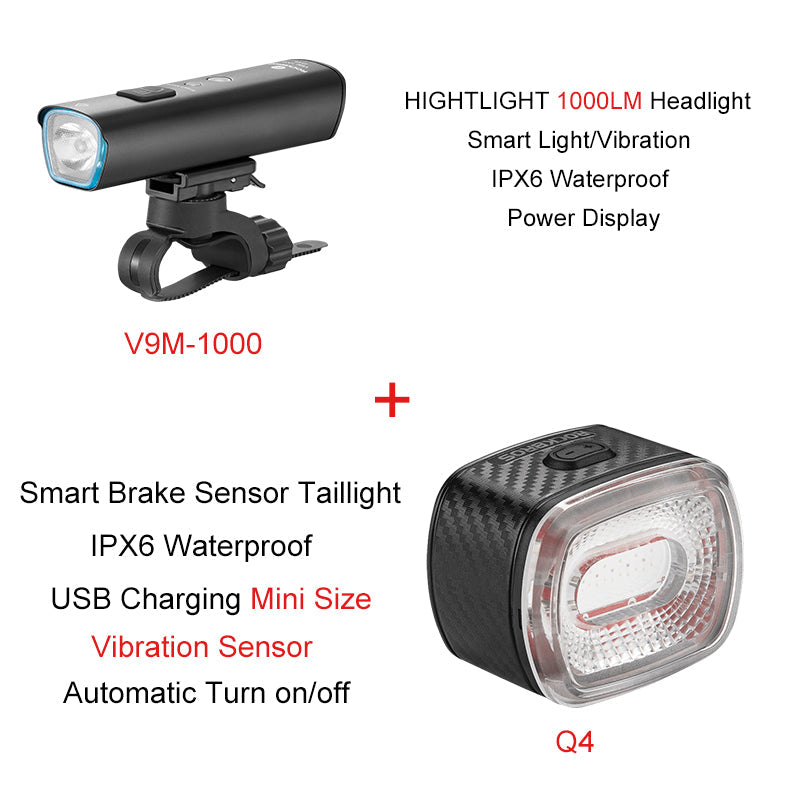 ROCKBROS 1000 Lumen Front Bike Light + Smart Brake & Tail Light Q4 - ROCKBROSUSA