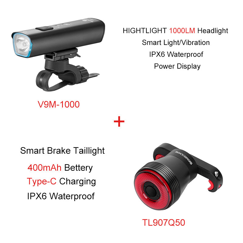 ROCKBROS 1000 Lumen Front Bike Light V9M-1000 + Bicycle Smart Brake & Tail Light Q5