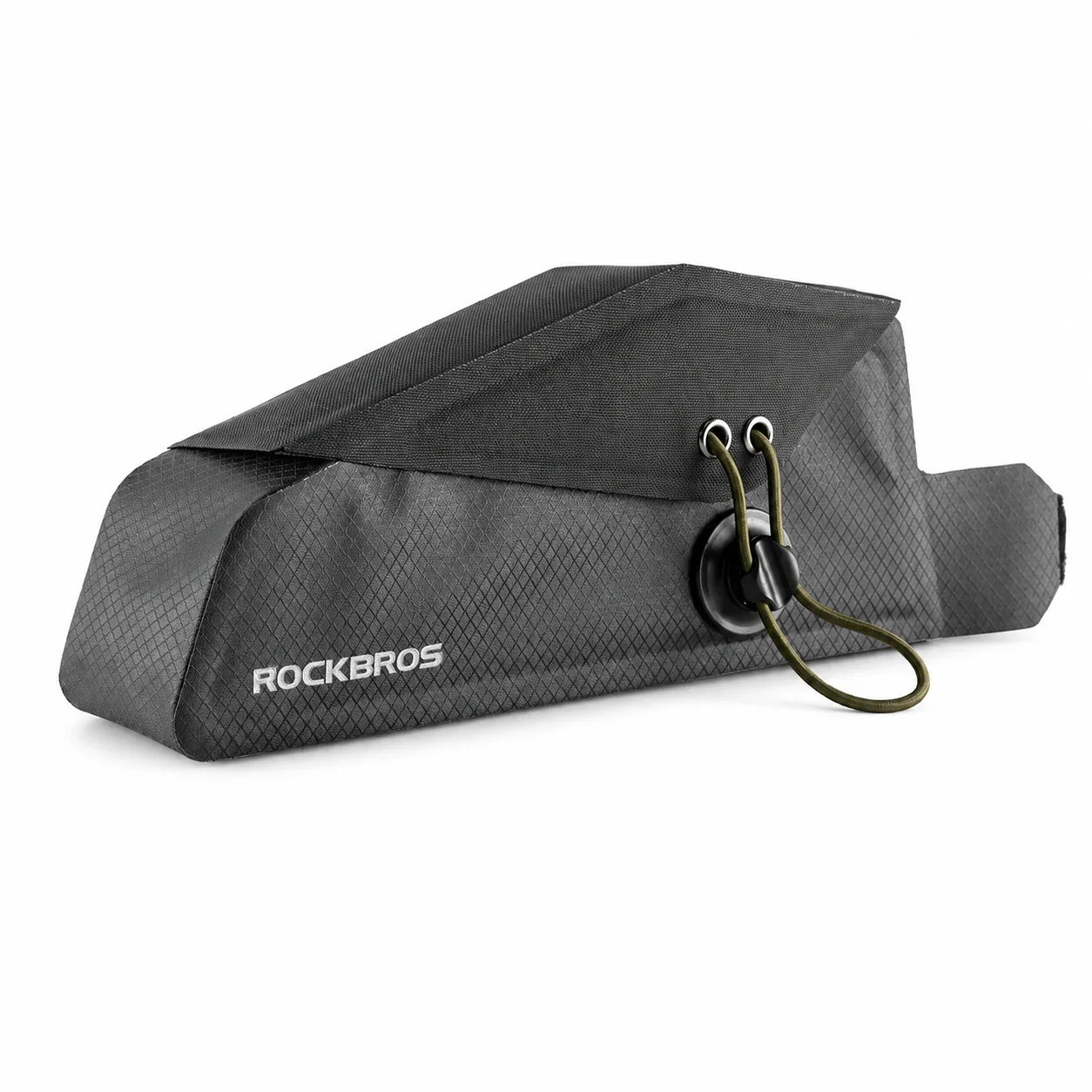 A dark gray Rockbros bag with a textured diamond pattern, featuring a flap closure, a black circular dial, and an olive green strap on a white background.