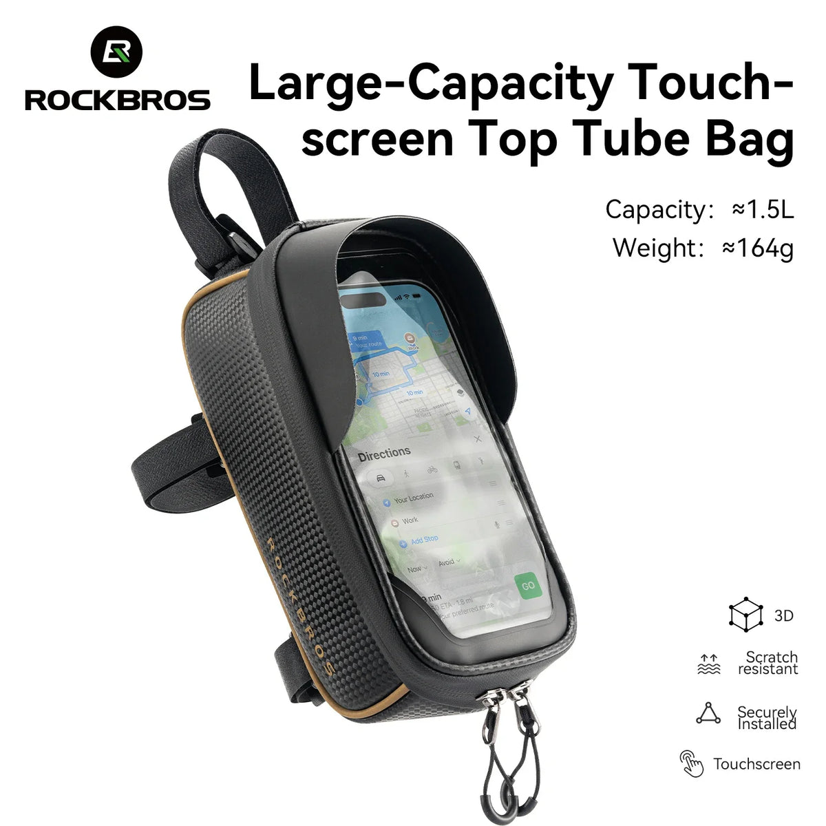 Black and gray ROCKBROS large-capacity touch-screen top tube bag for cycling, shown on a white background with product specifications and feature icons.