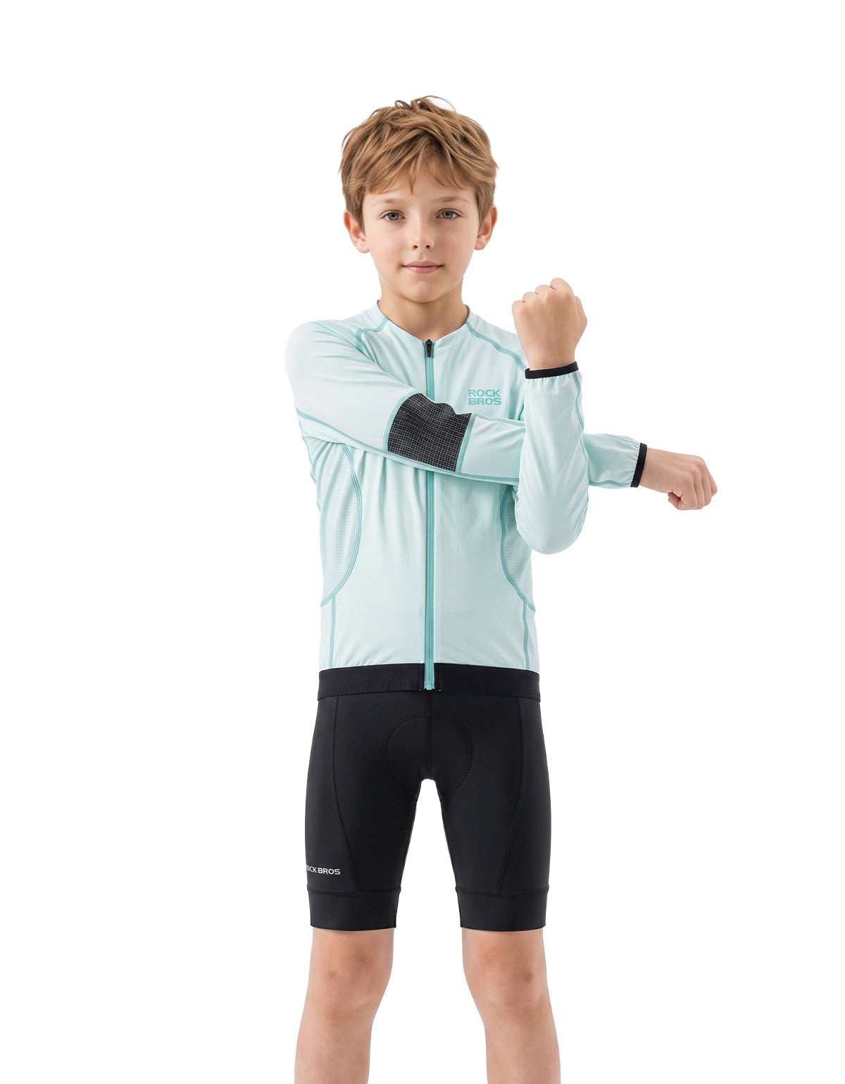 Kids’ cycling jersey showing its long sleeves and fit