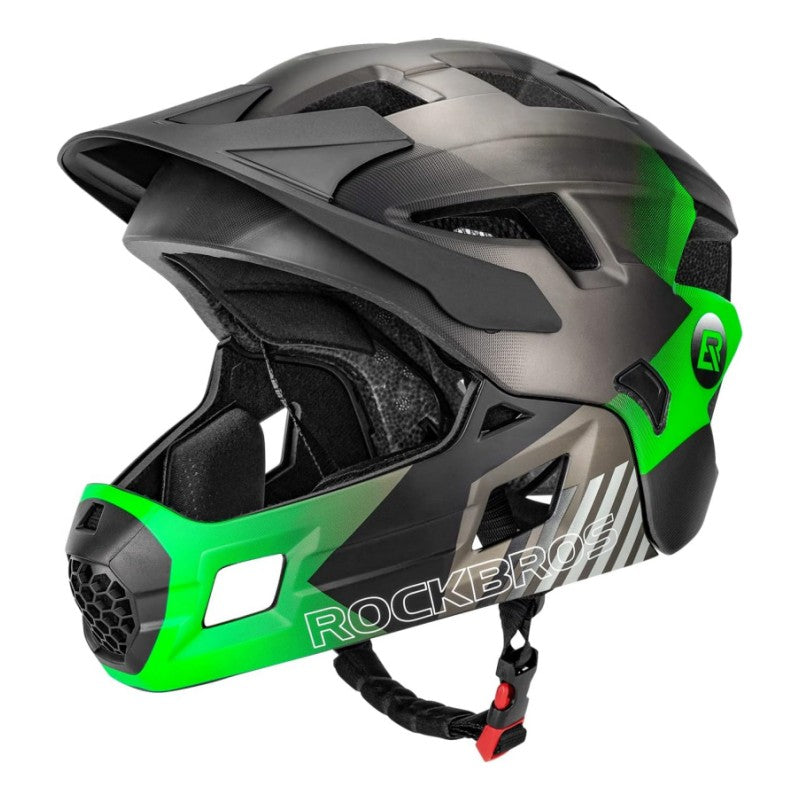 ROCKBROS Kids Full Face Bike Helmet Ages 5-14 Anti-Collision Detachable Chin, Green Silver Black / Medium