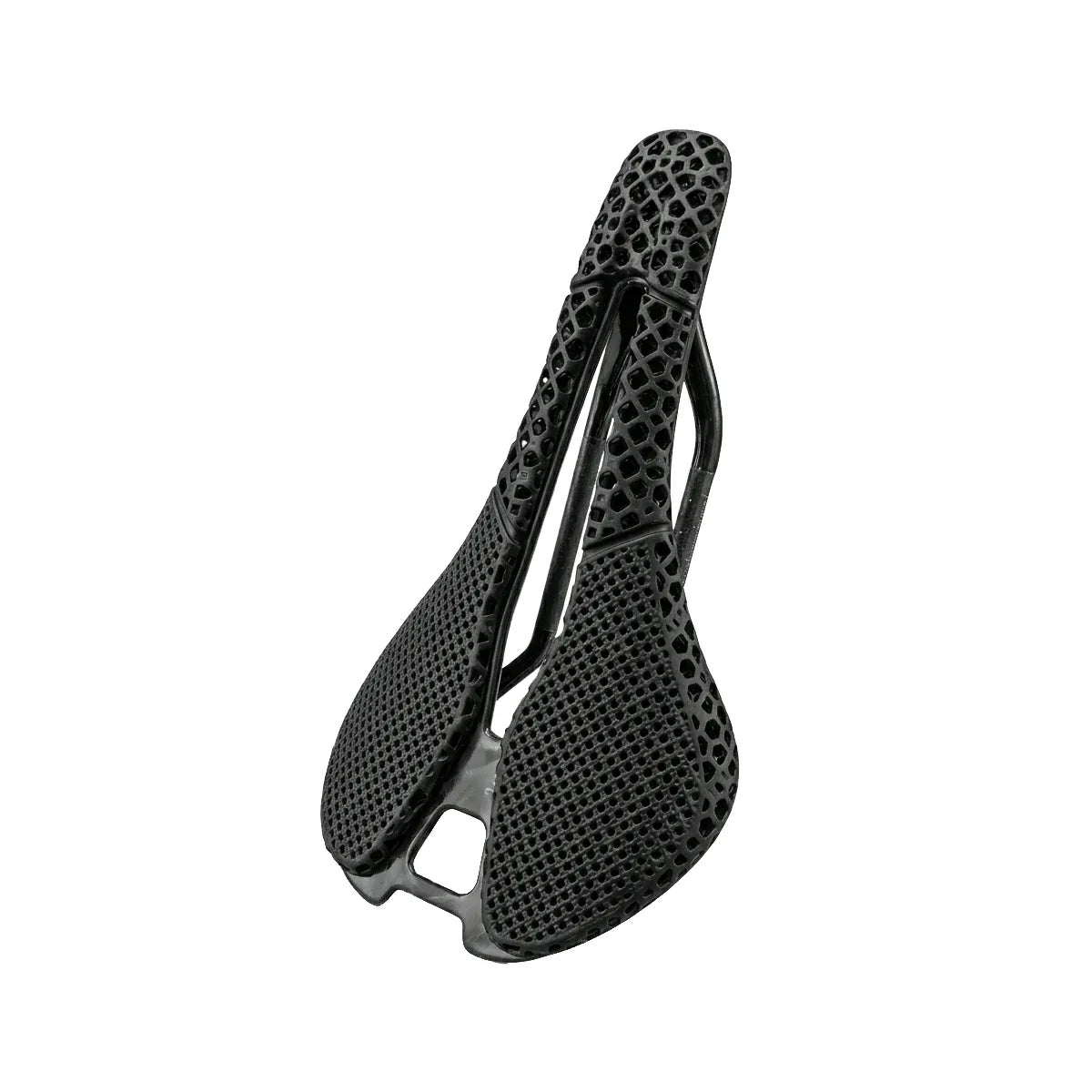 Black bicycle saddle with textured design on a white background
