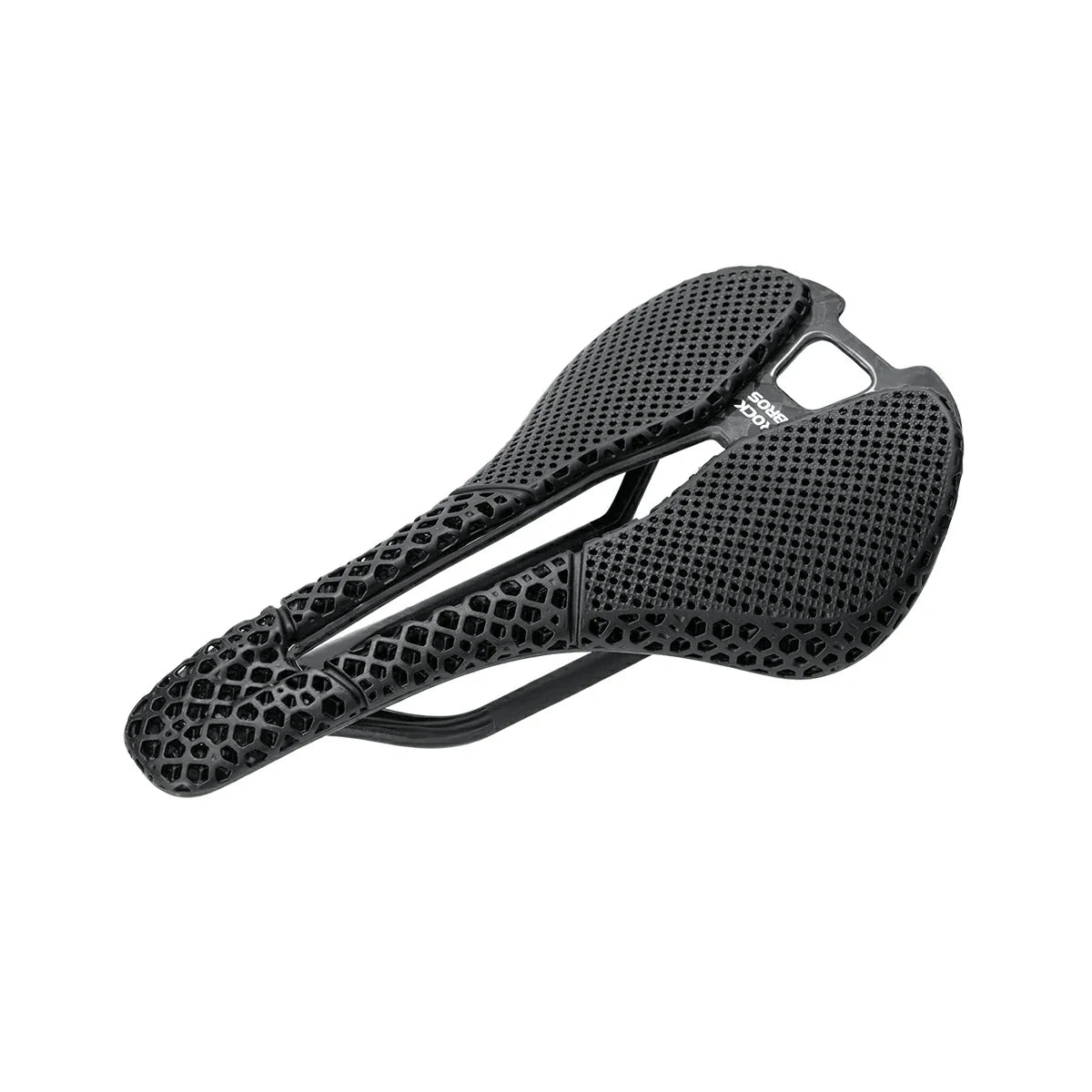 Black bicycle saddle with textured design on a white background