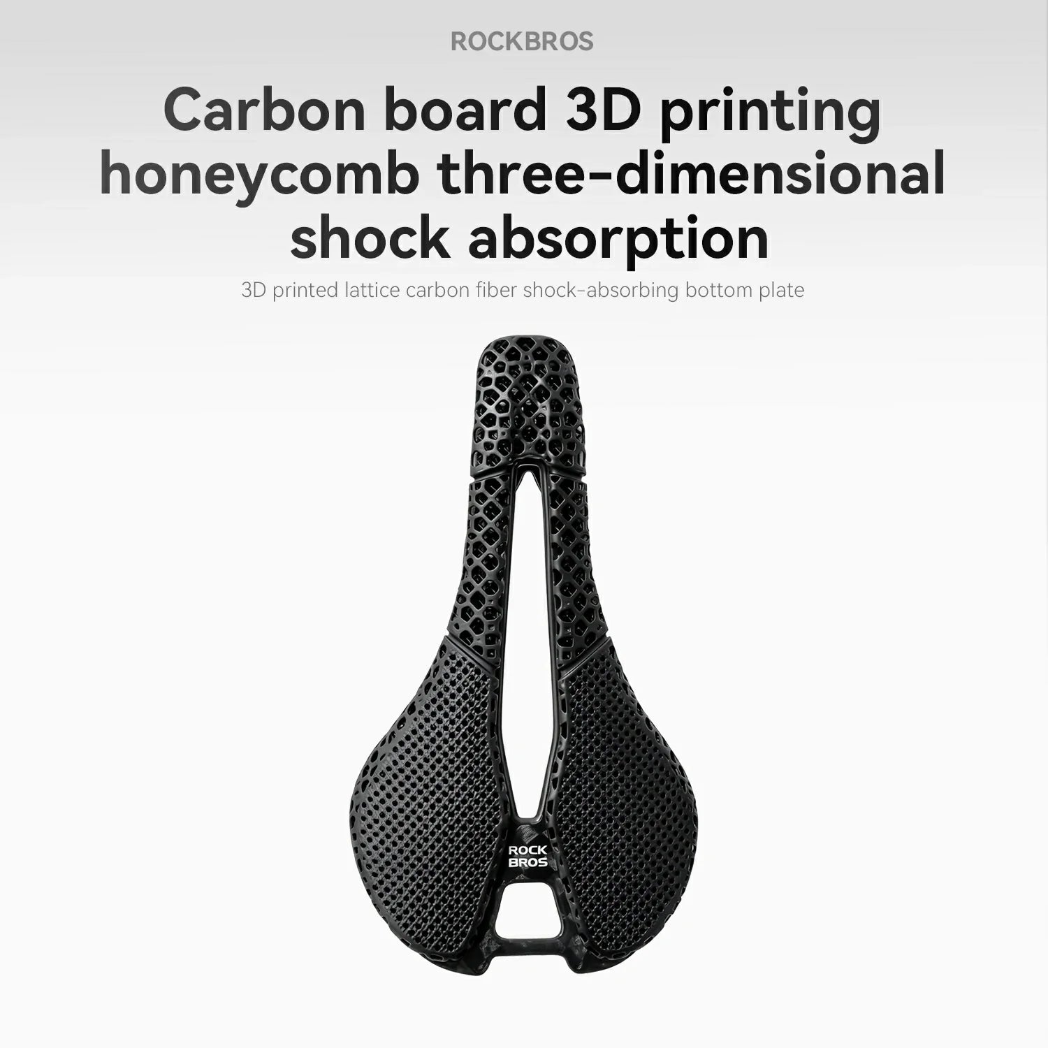 Carbon fiber bicycle seat with 3D printing honeycomb structure on a white background, featuring the brand 'RockBros'.