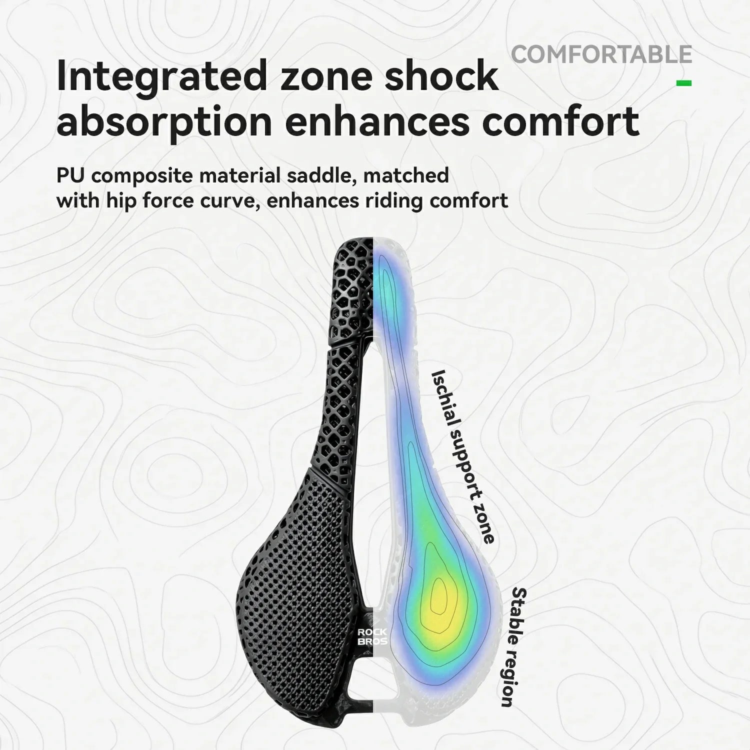 Saddle with integrated zone shock absorption on a white background