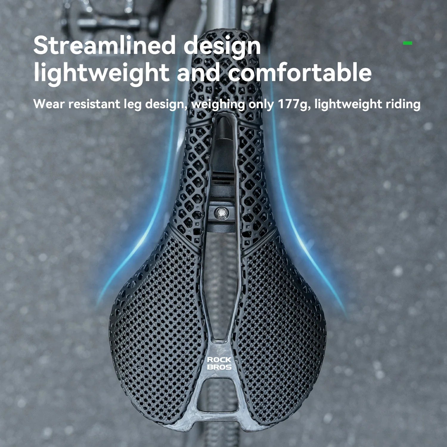 Bicycle saddle with text highlighting its lightweight and comfortable design.