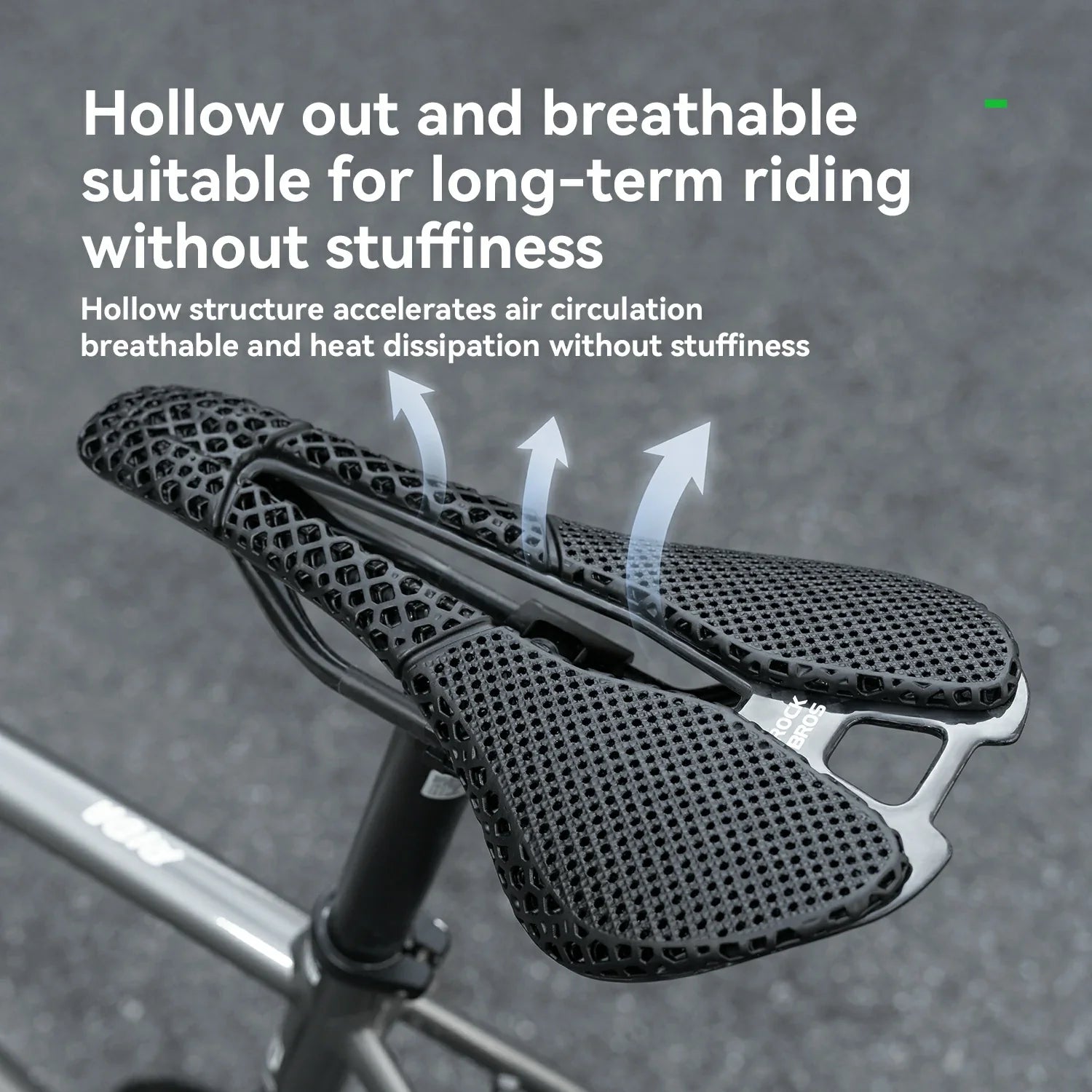 Bicycle saddle with text highlighting its design features on a blurred background