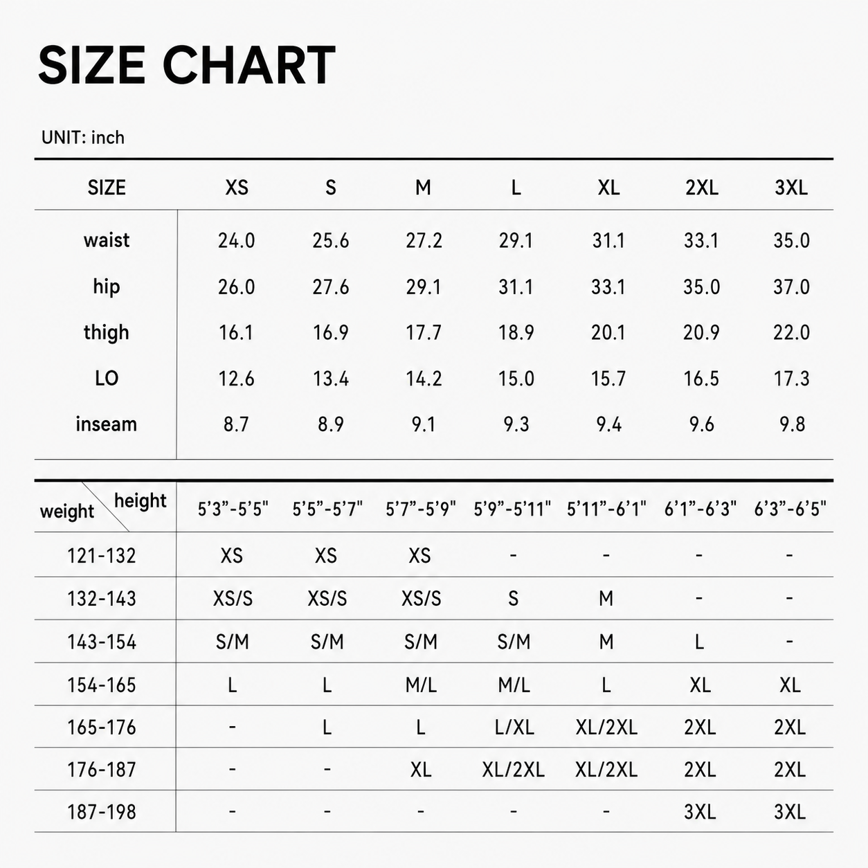 A size chart table in inches showing measurements for waist, hip, thigh, LO, and inseam by size categories XS through 3XL, plus weight and height ranges.