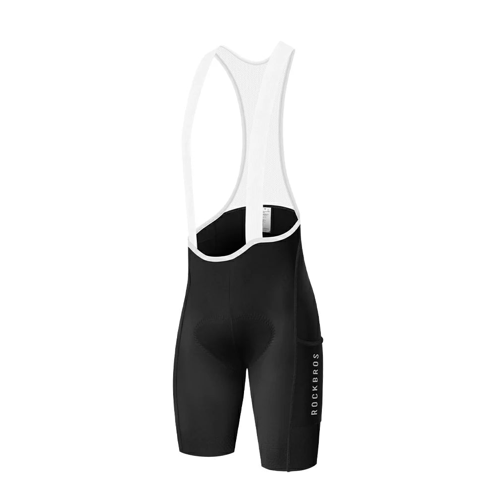 Black and white cycling bib shorts with a vertical white 'ROCKBROS' logo on the left leg, shown from the back on a white background.