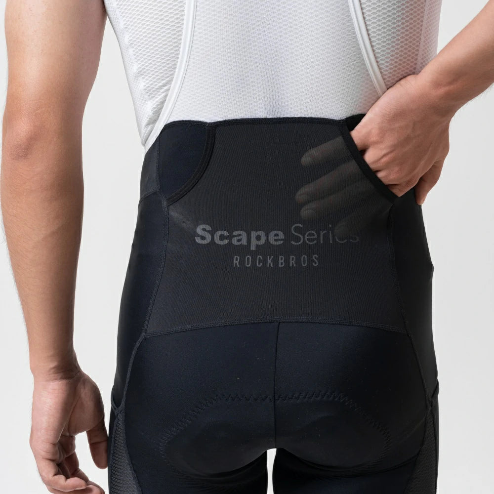 Close-up rear view of a person wearing black high-waisted cycling shorts with a white cycling jersey. The shorts have a visible 'Scape Series ROCKBROS' logo on the back panel.