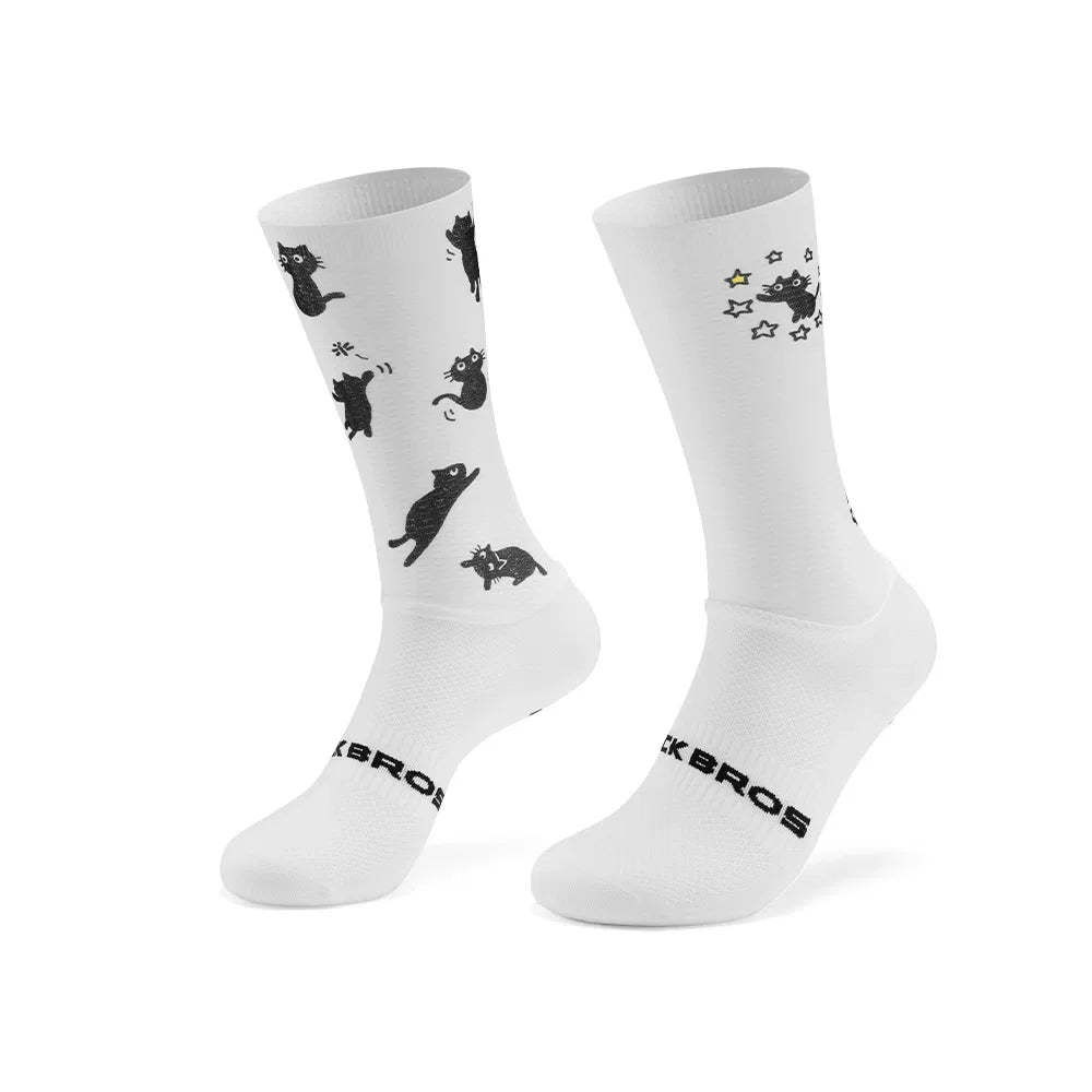 White ROCKBROS socks with black cat graphic