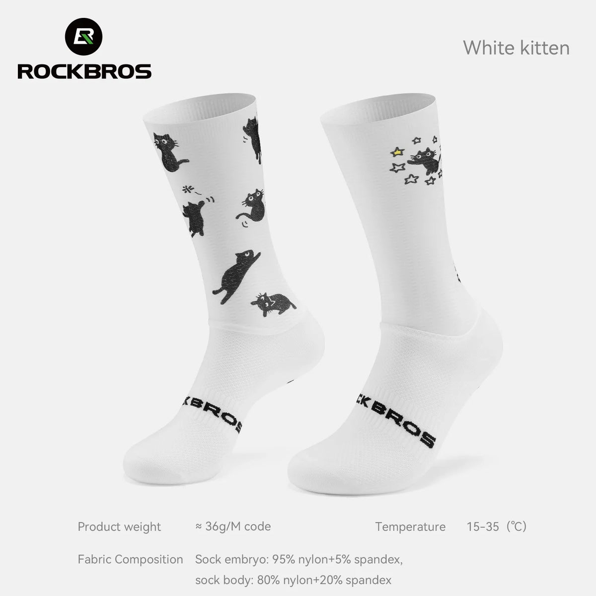 Cat-print compression socks with product details