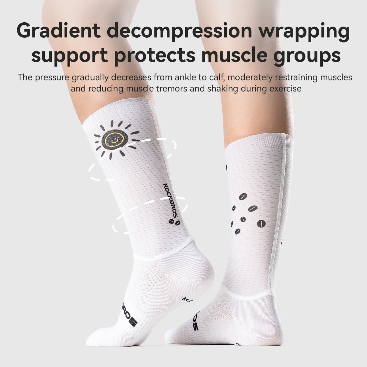 Model wearing mid-calf compression cycling socks
