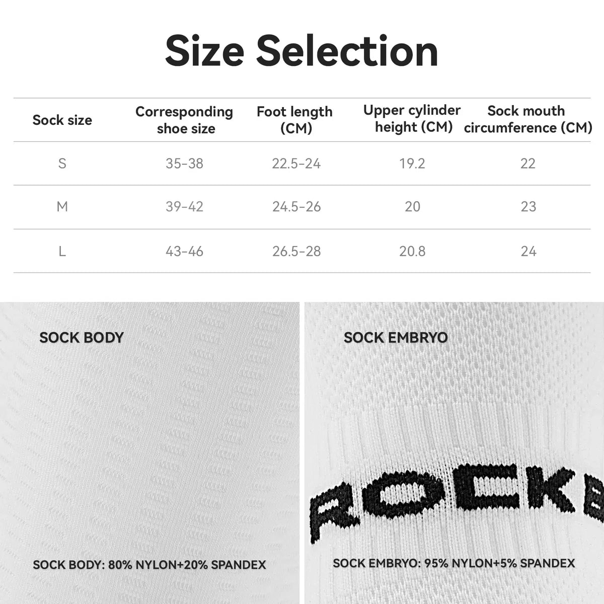 Sock size chart with foot measurements