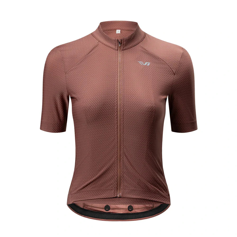 Brown cycling jersey with a brand logo on a white background  #Color_Red
