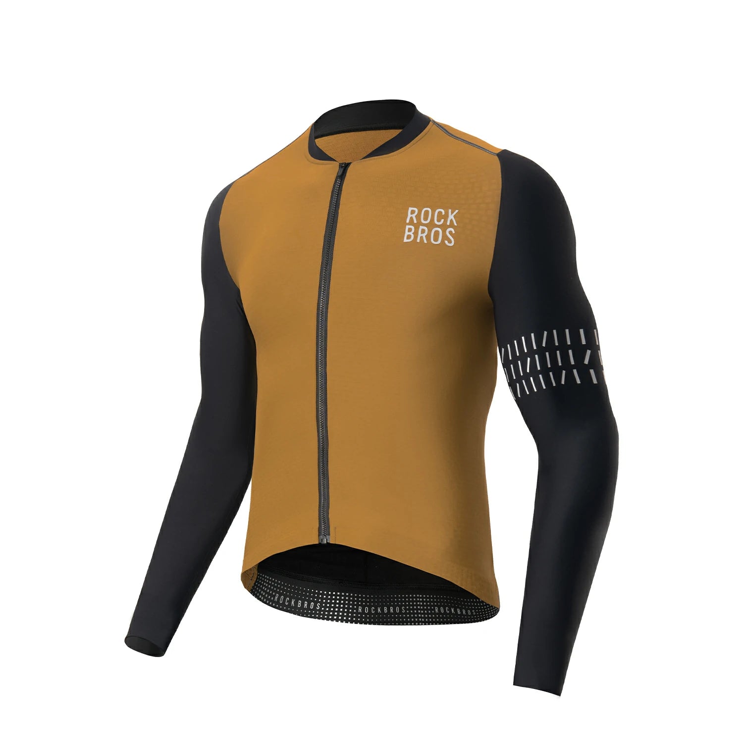 Cycling jersey with black sleeves and mustard body on a white background, featuring 'Rock Bros' branding. #color_Brown